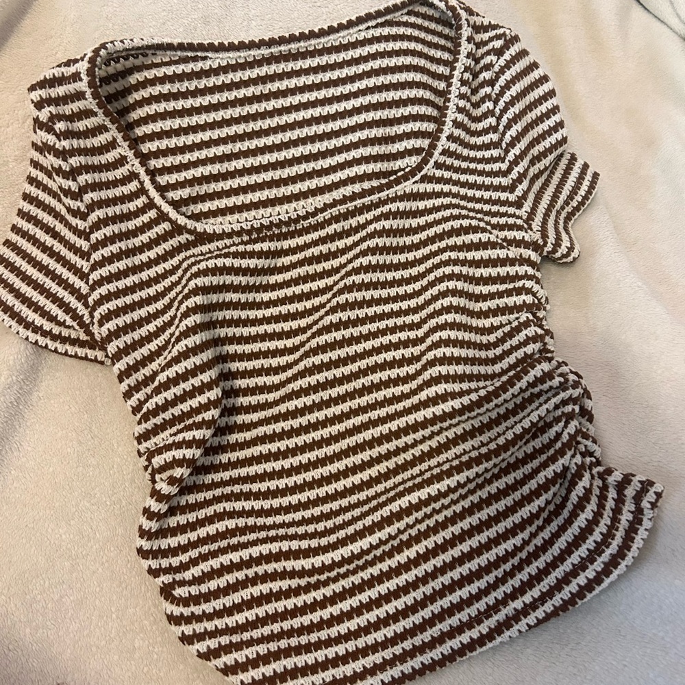SHEIN Brown and White Striped Short Sleeve Top